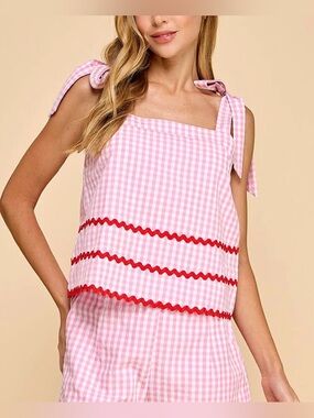 TCEC Pink Gingham Tie-Shoulder Tank with Red Trim